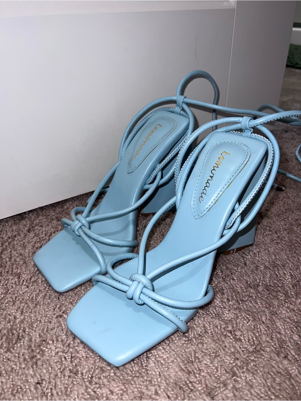 Lemonade Strappy Square-Toe Heels in Light Blue